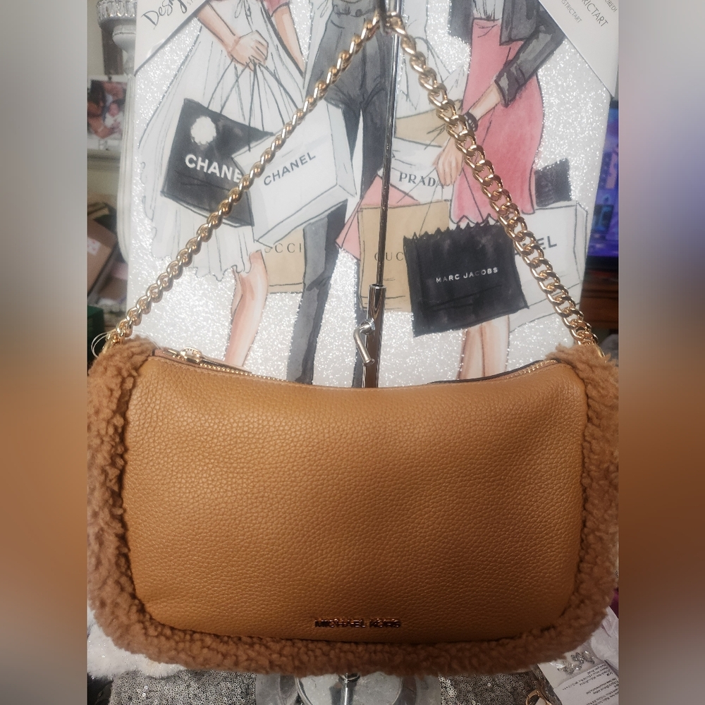 Michael Kors Camel Colored Carmela Leather & Shearling Chain Shoulder Bag NWT